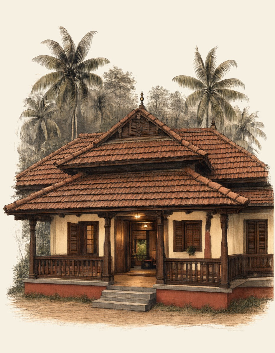 A Kerala house at dusk, its verandah lit by brass lamps