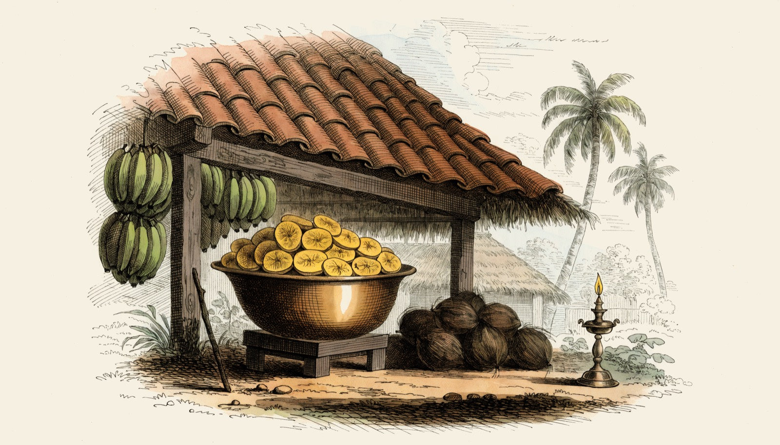A Kerala courtyard: an uruli of banana chips, bunches of Nendran bananas, coconuts and a brass lamp