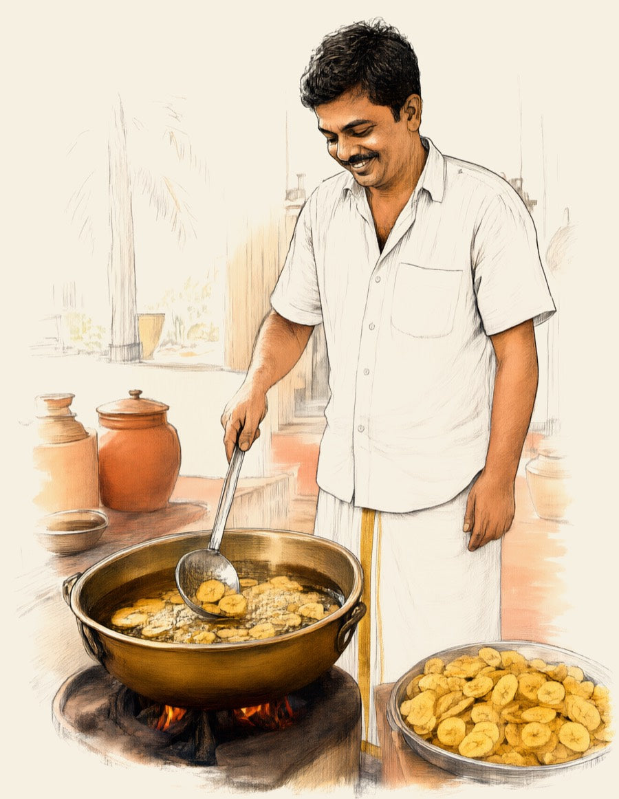 A man in a white mundu frying golden banana chips in a bronze uruli of coconut oil
