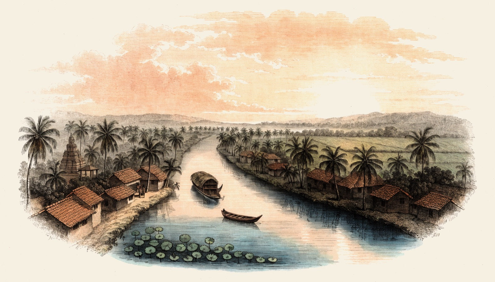 A Kerala backwater village at sunrise: a houseboat and a country boat on the canal, tiled roofs, a temple and coconut palms
